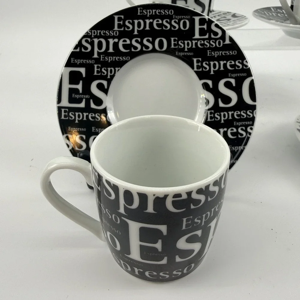 Konitz Espresso Typography Demitasse Cup & Saucer Set of 4 Black‎ White